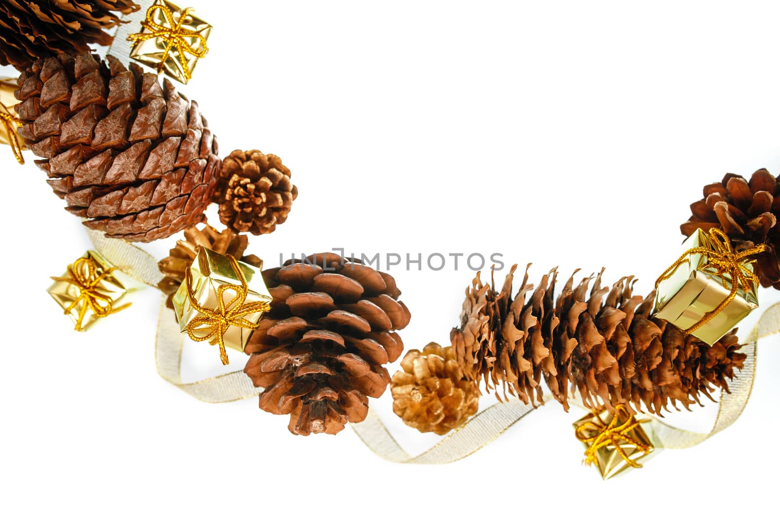 Christmas frame of pine cones and gift boxes on a white background and text.