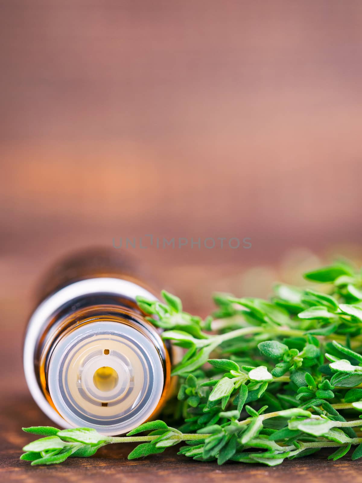 thyme essential oil and dark glass bottle with pipette and fresh thyme on dark brown wooden background. Vertical with copy space.