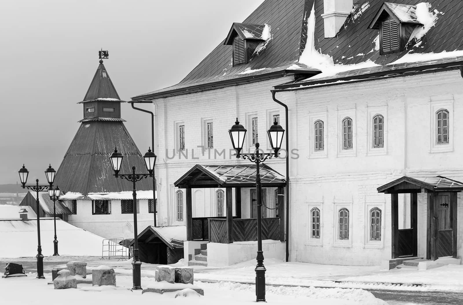 Kazan, Russia. Buildings in the Kremlin courtyard. Black-and-white image. by Gaina
