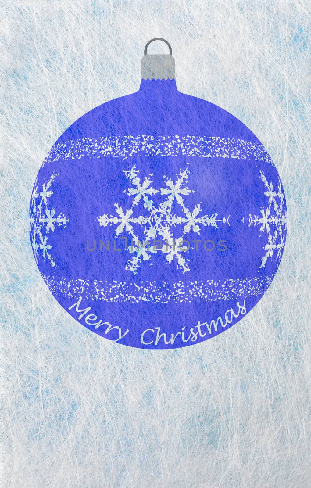 Grey fiber fabric and blue glitter film and abstract christmas ball and the words Merry Christmas, christmas card