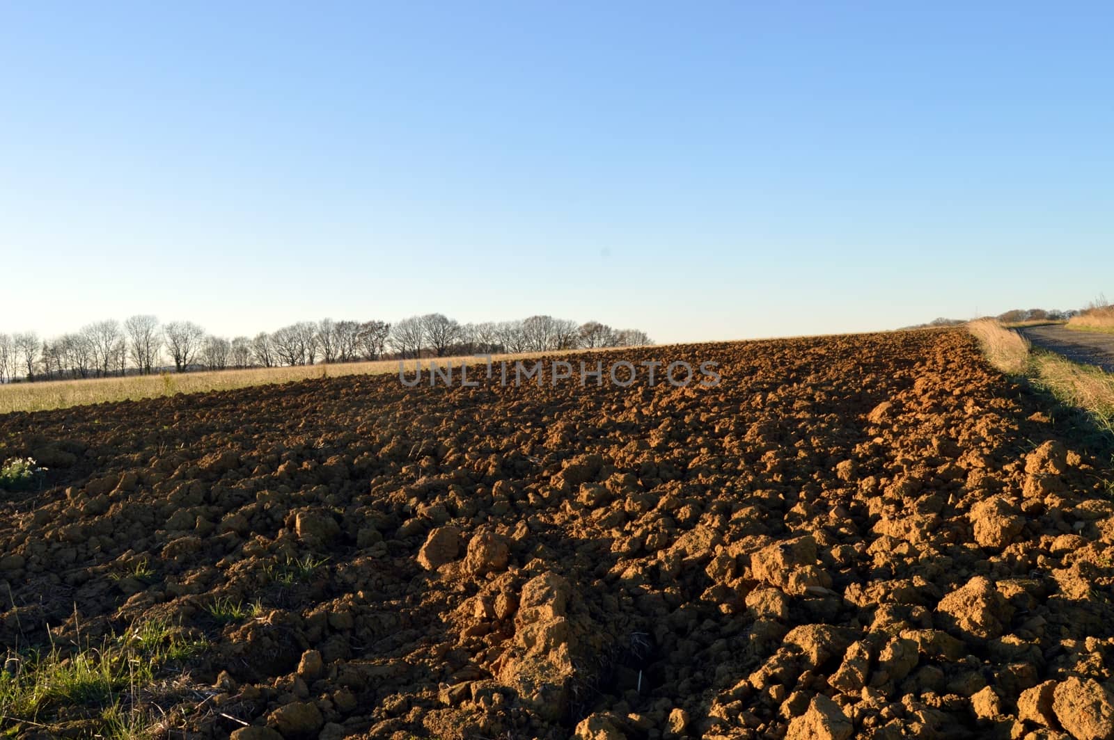 Earth turned over with large clods on a field with a sunset