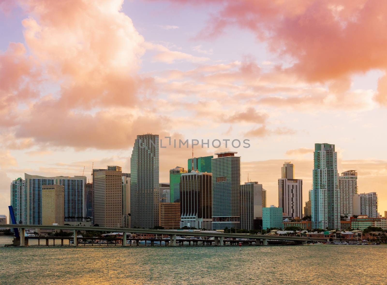 Downtown Miami, Florida, USA, seen from MacArthur Causeway at sunset.