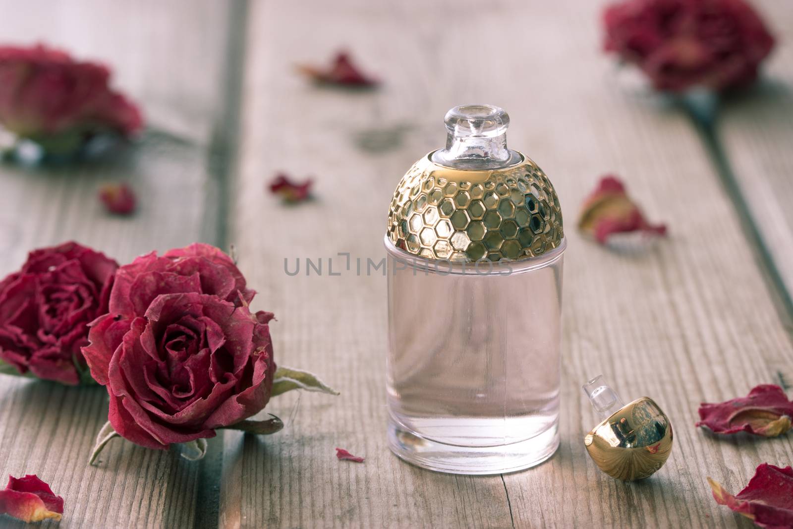 perfume bottle and dry roses on wooden table