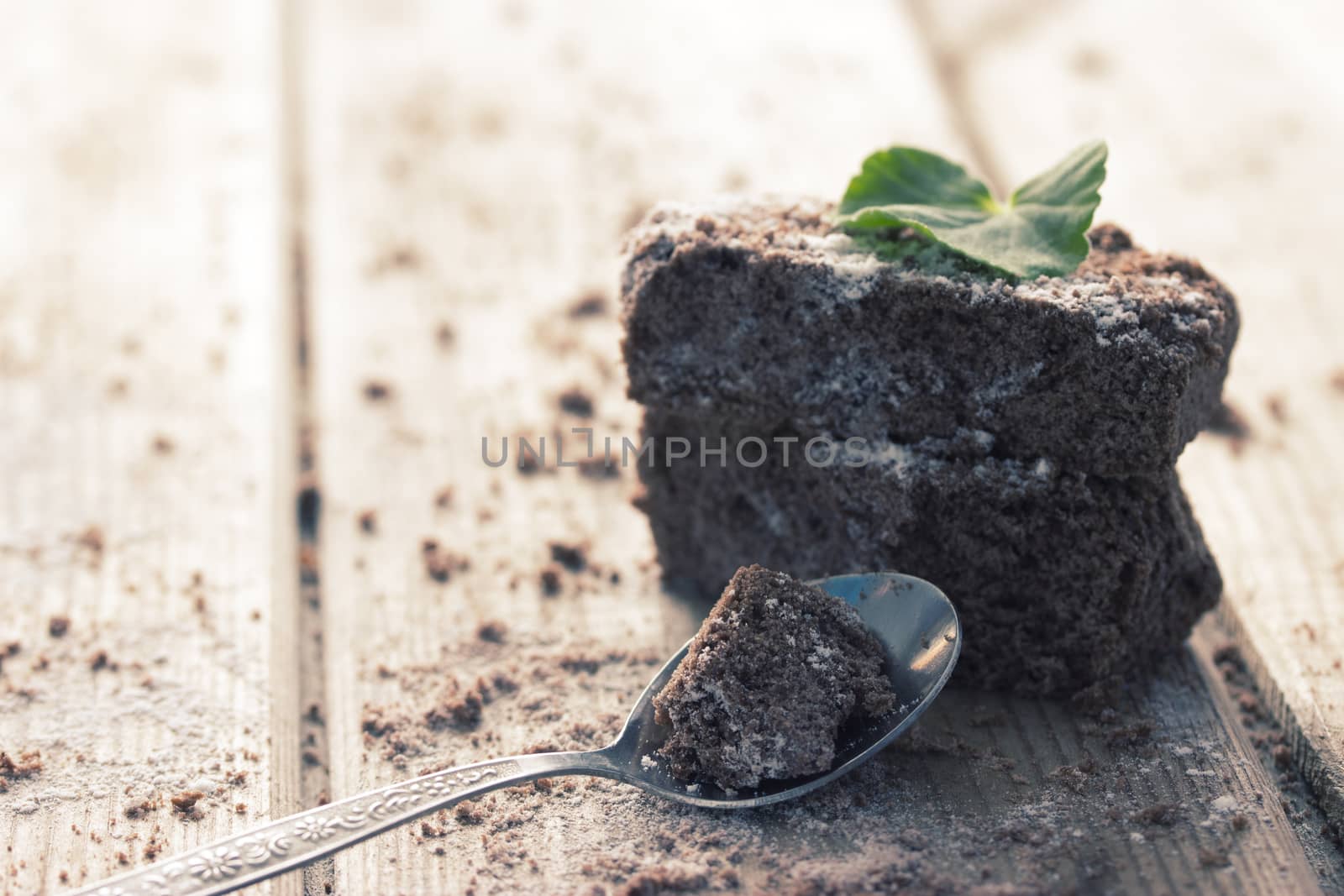 chocolate brownie and mint on wooden table