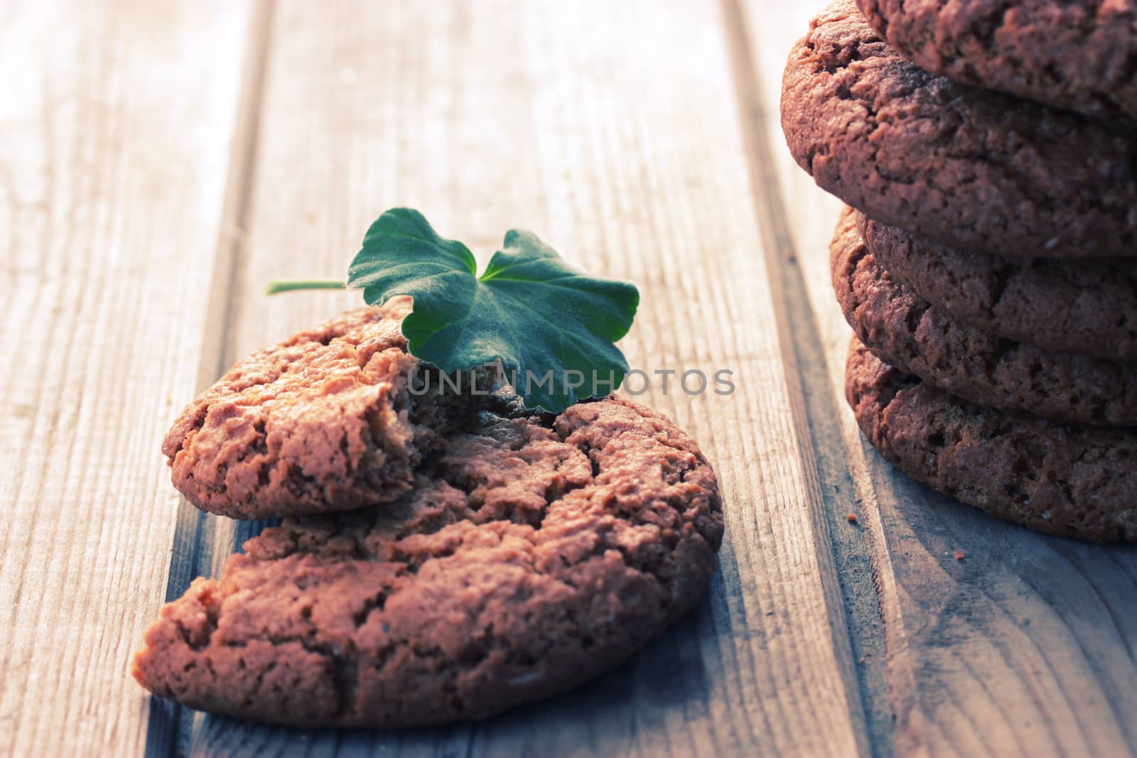 fresh cookie with mint on wooden background