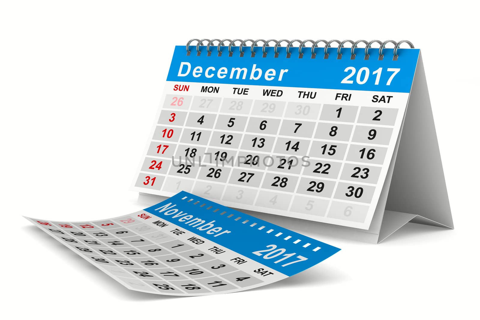 2017 year calendar. December. Isolated 3D image