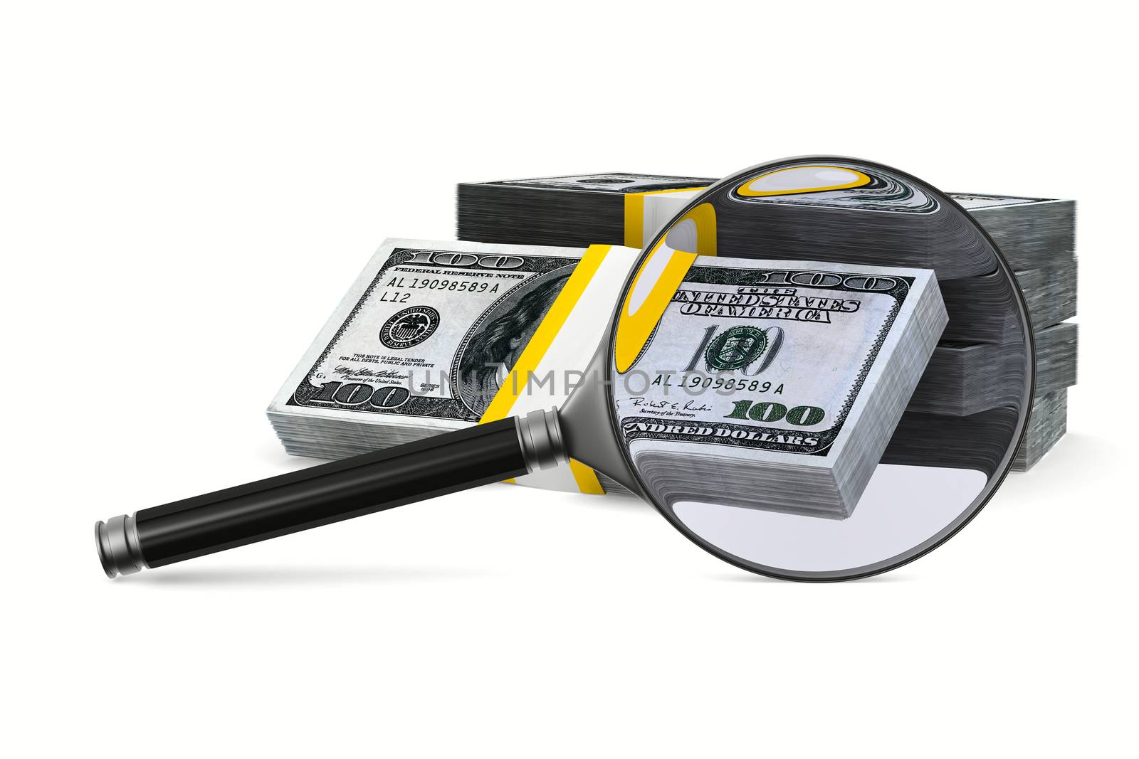 Magnifier and money on white background. Isolated 3D image