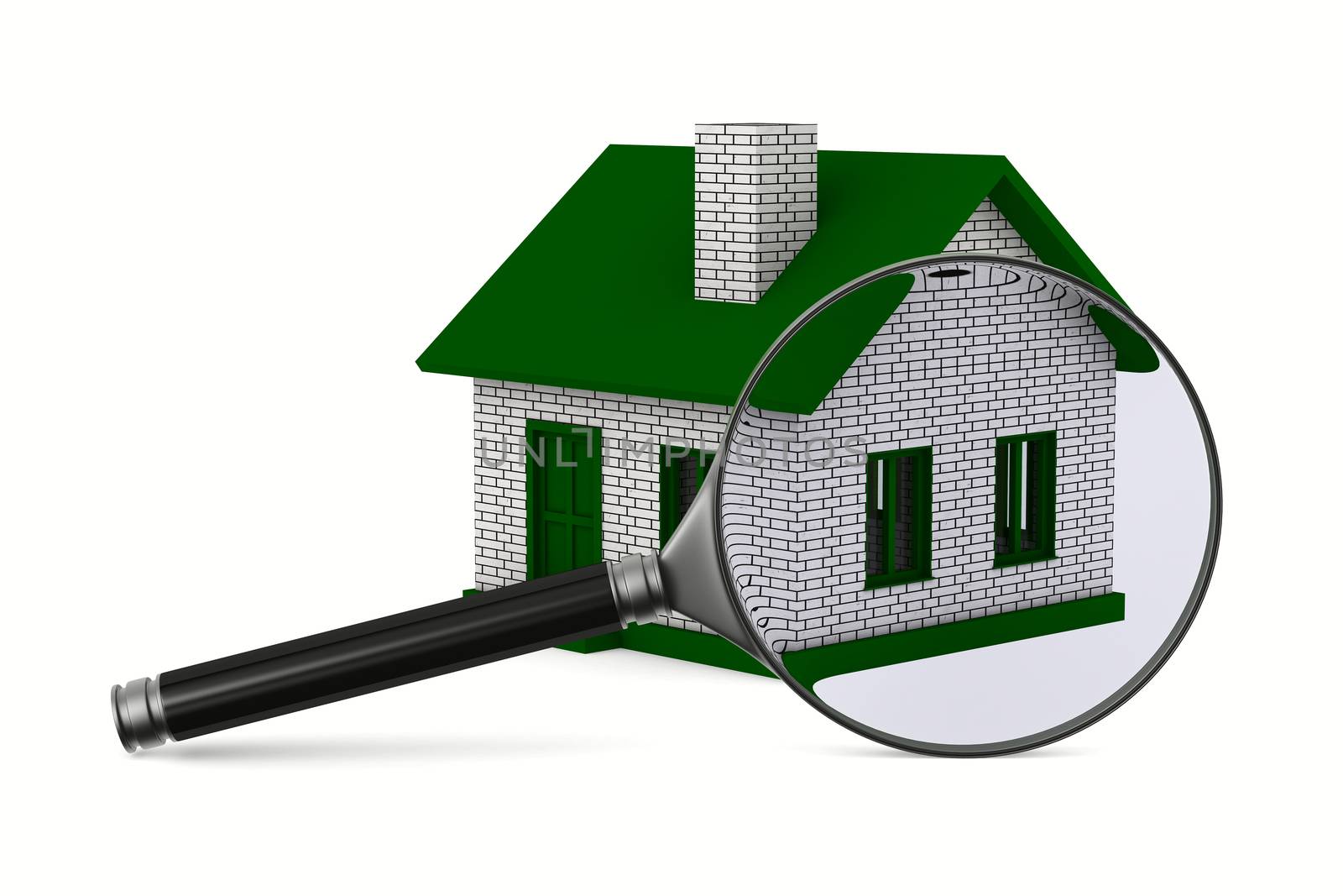 Magnifier and house on white background. Isolated 3D image by ISerg