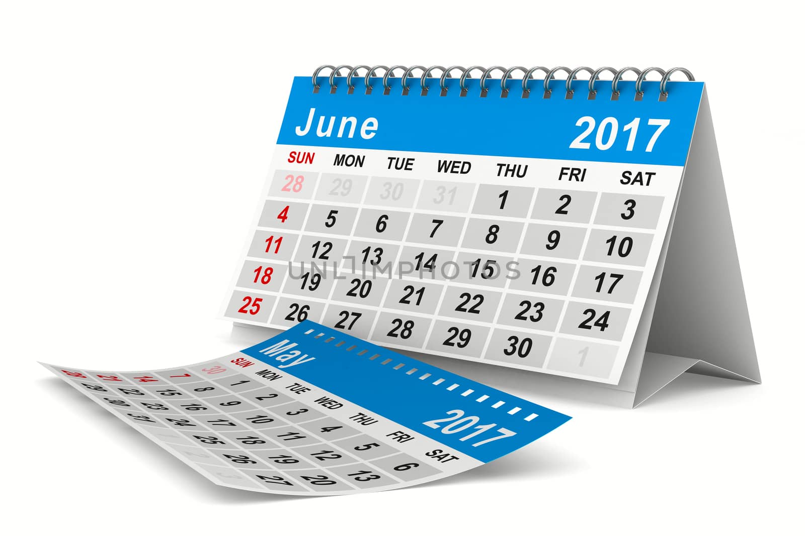 2017 year calendar. June. Isolated 3D image
