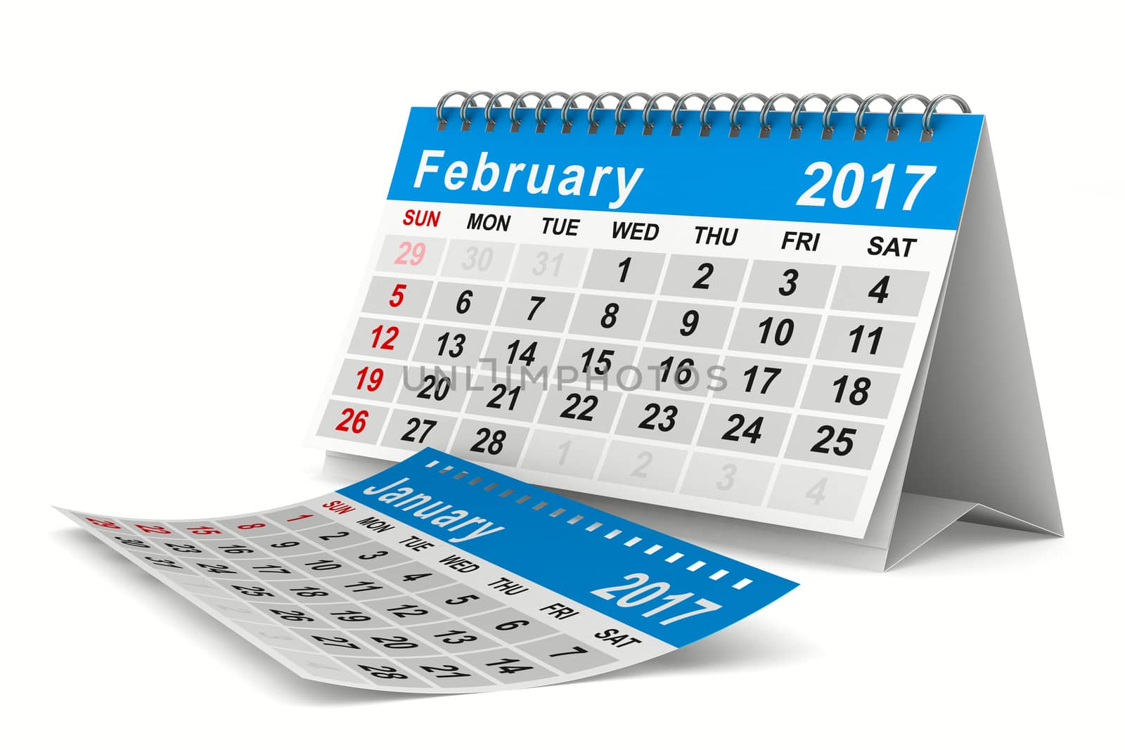 2017 year calendar. February. Isolated 3D image