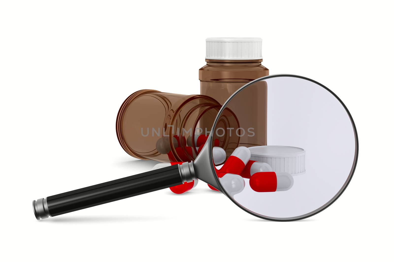 Magnifier and medecine on white background. Isolated 3D image by ISerg