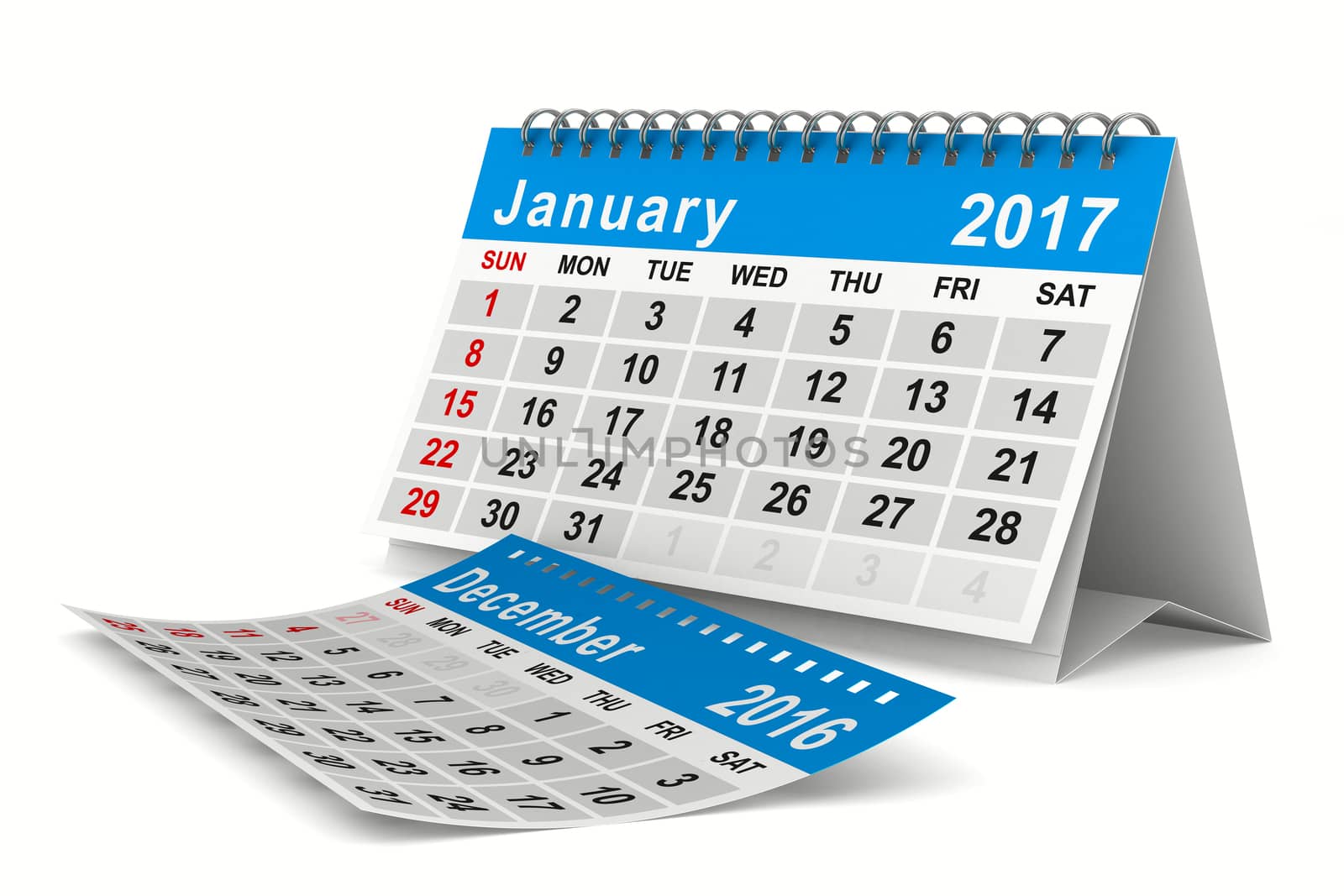 2017 year calendar. January. Isolated 3D image