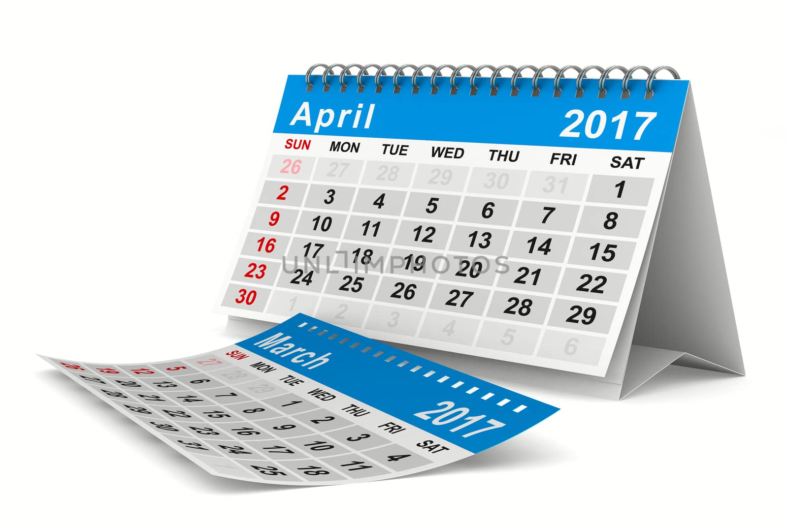 2017 year calendar. April. Isolated 3D image