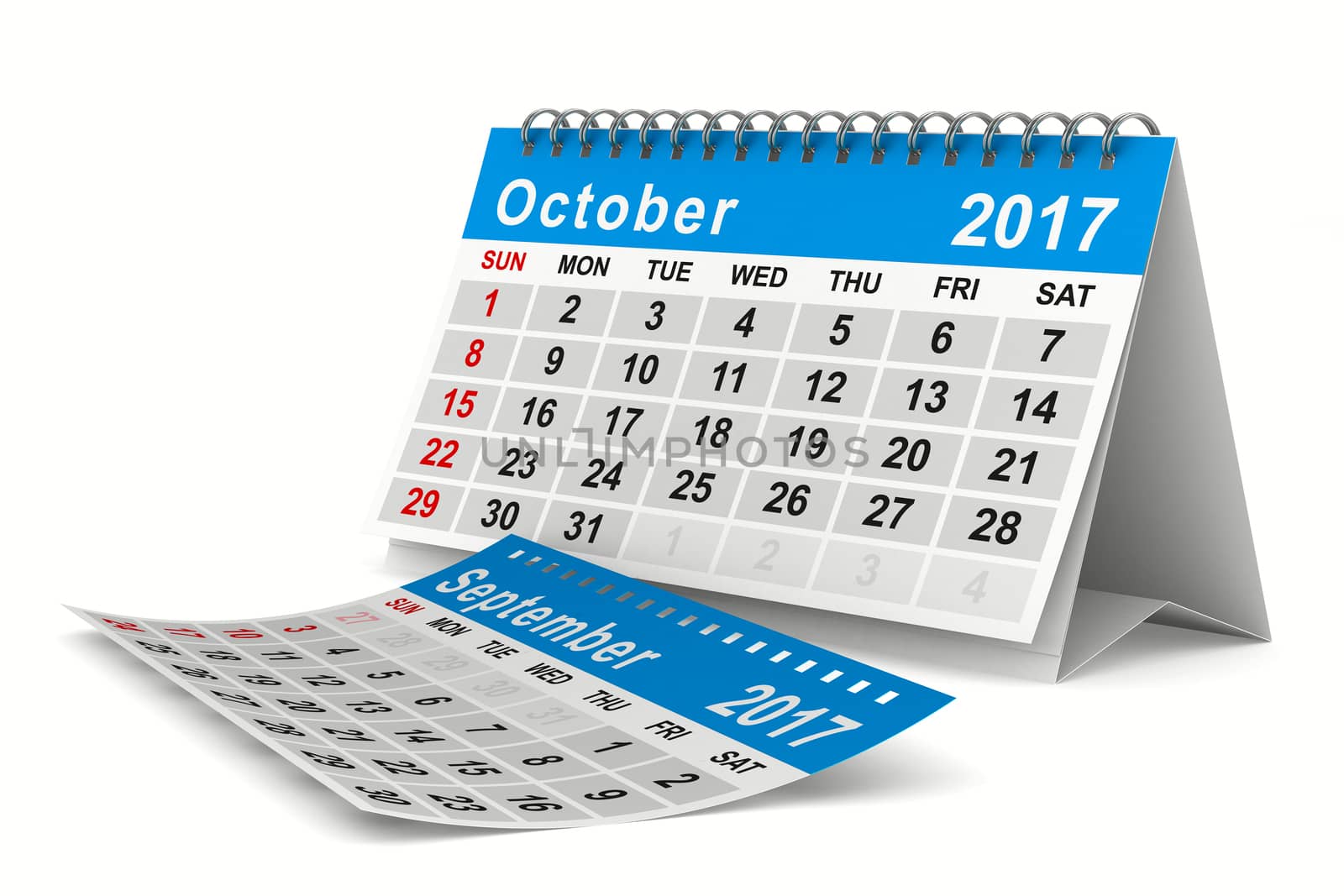 2017 year calendar. October. Isolated 3D image