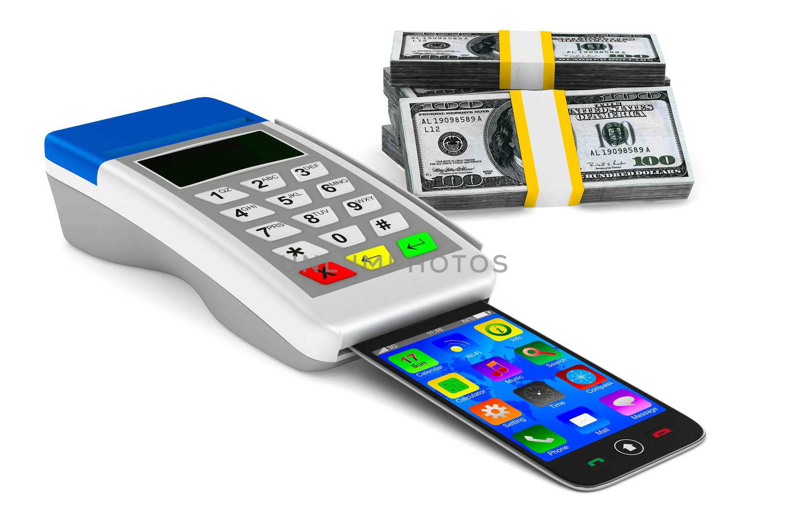 payment terminal and cash on white background. Isolated 3d image by ISerg