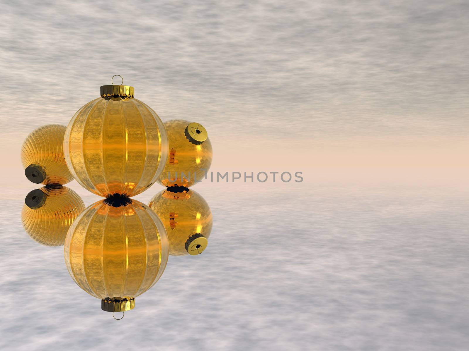 Three golden Christmas balls reflexion - 3D render