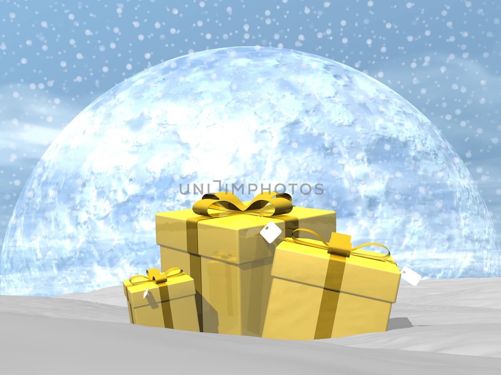 Three golden gifts with gold ribbon in the snow - 3D render