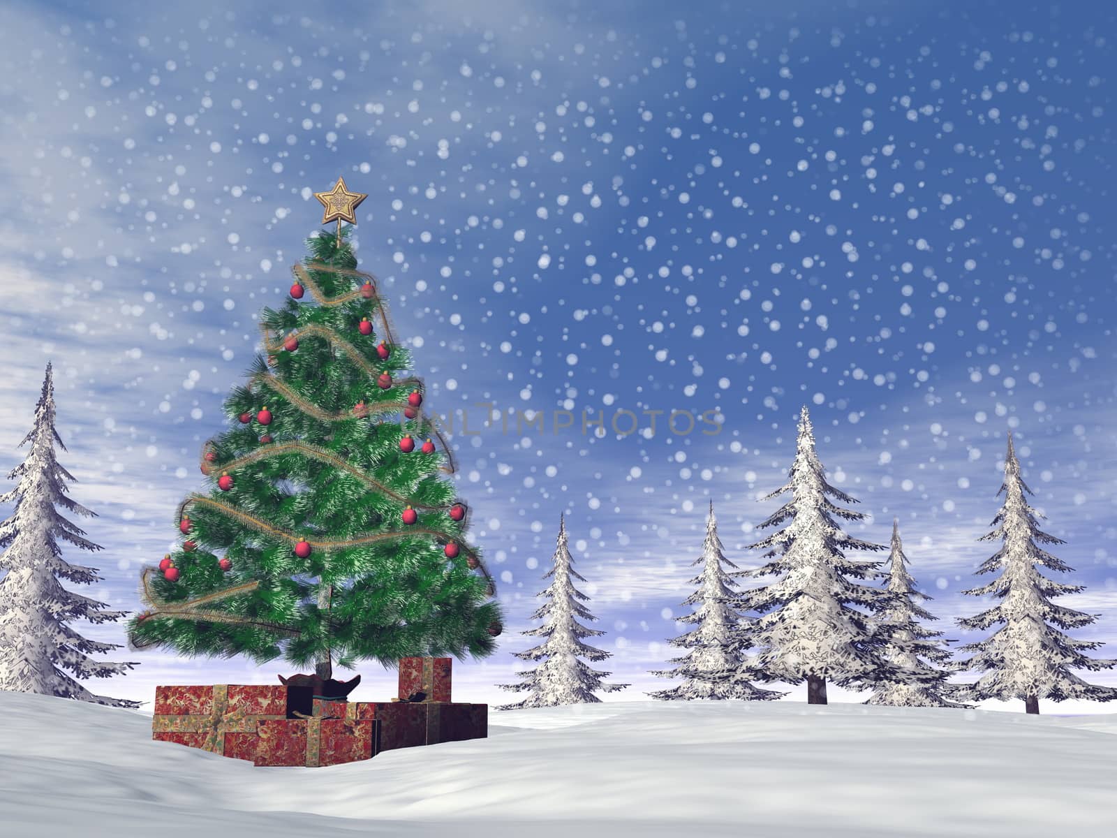 Christmas tree in the snow - 3D render