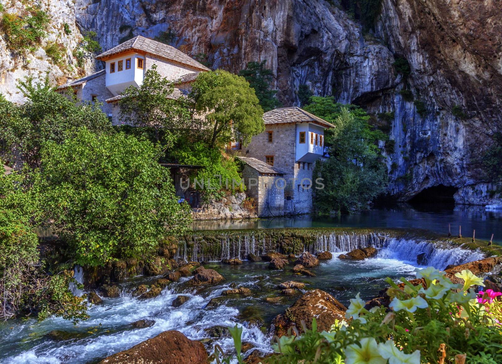 Small village Blagaj on Buna waterfall by day, Bosnia and Herzegovina