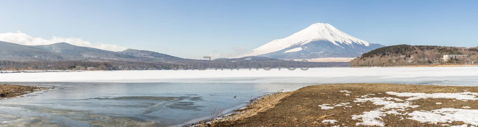 Winter Mount Fuji at Iced Yamanaka Lake in snow winter season Japan Panoramic