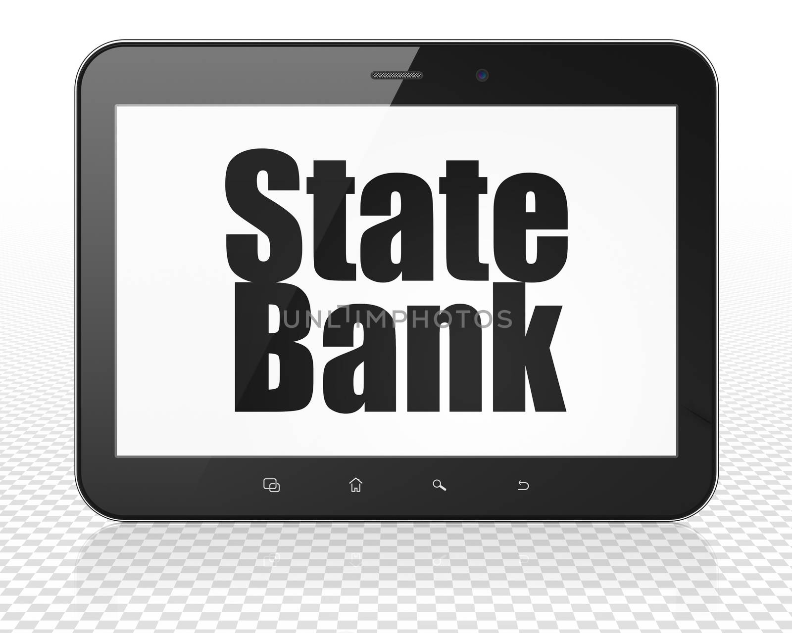 Currency concept: Tablet Pc Computer with black text State Bank on display, 3D rendering