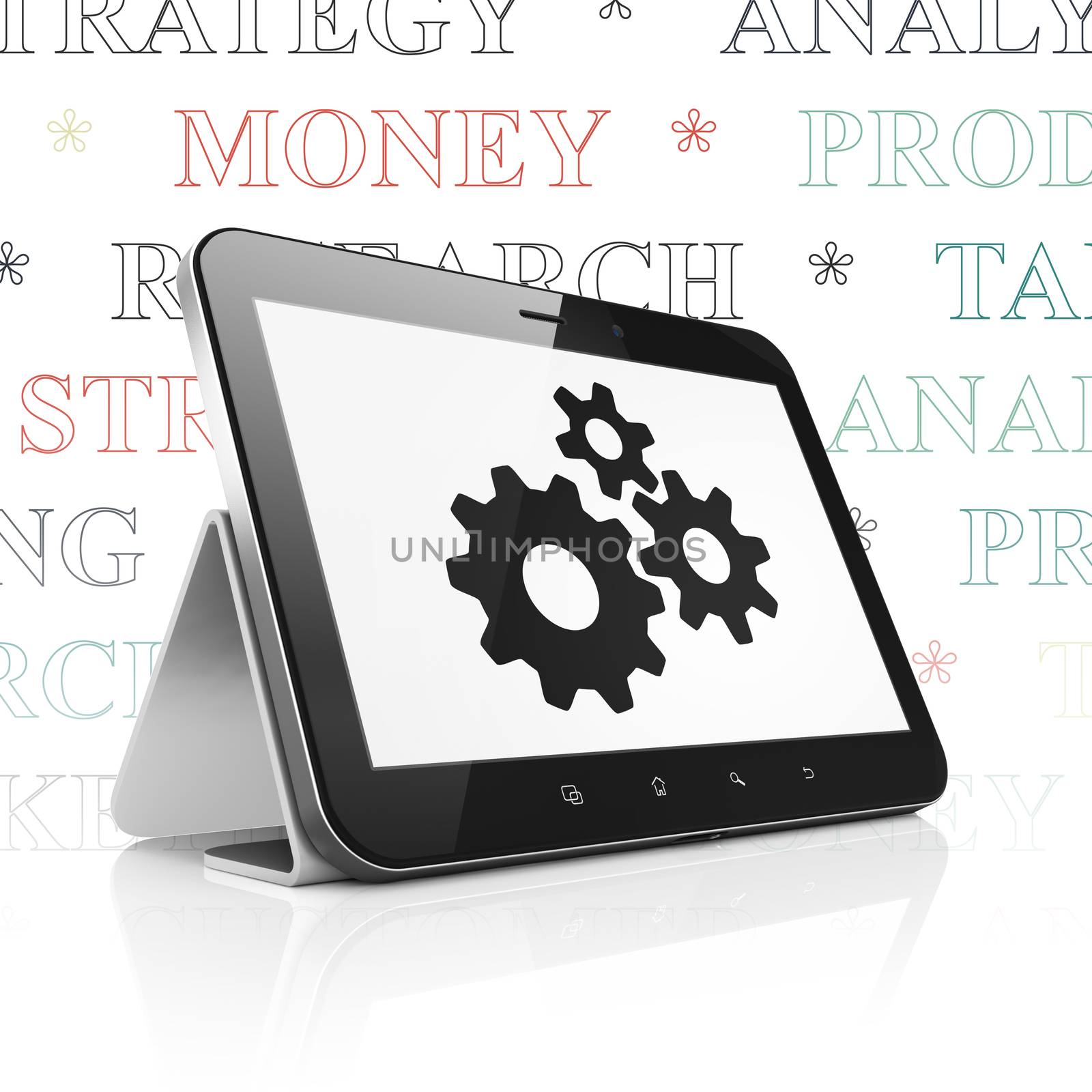 Marketing concept: Tablet Computer with  black Gears icon on display,  Tag Cloud background, 3D rendering