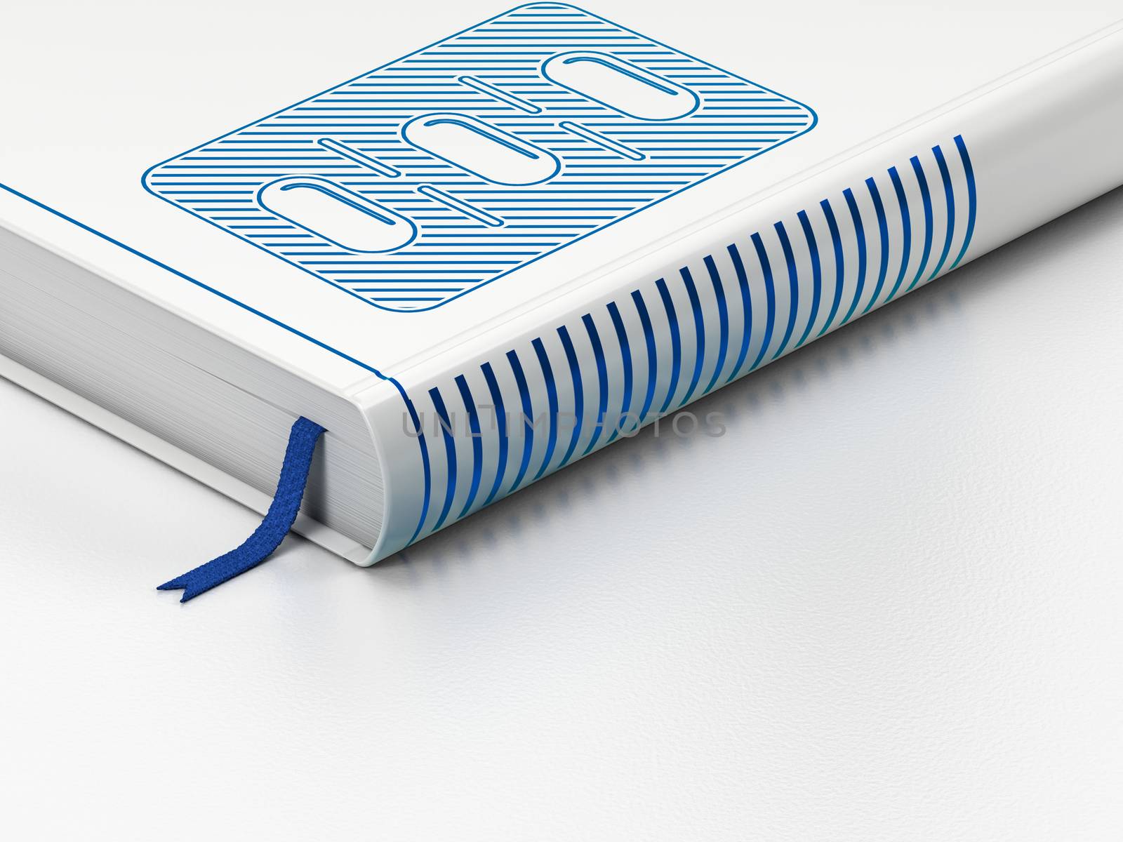 Health concept: closed book with Blue Pills Blister icon on floor, white background, 3D rendering