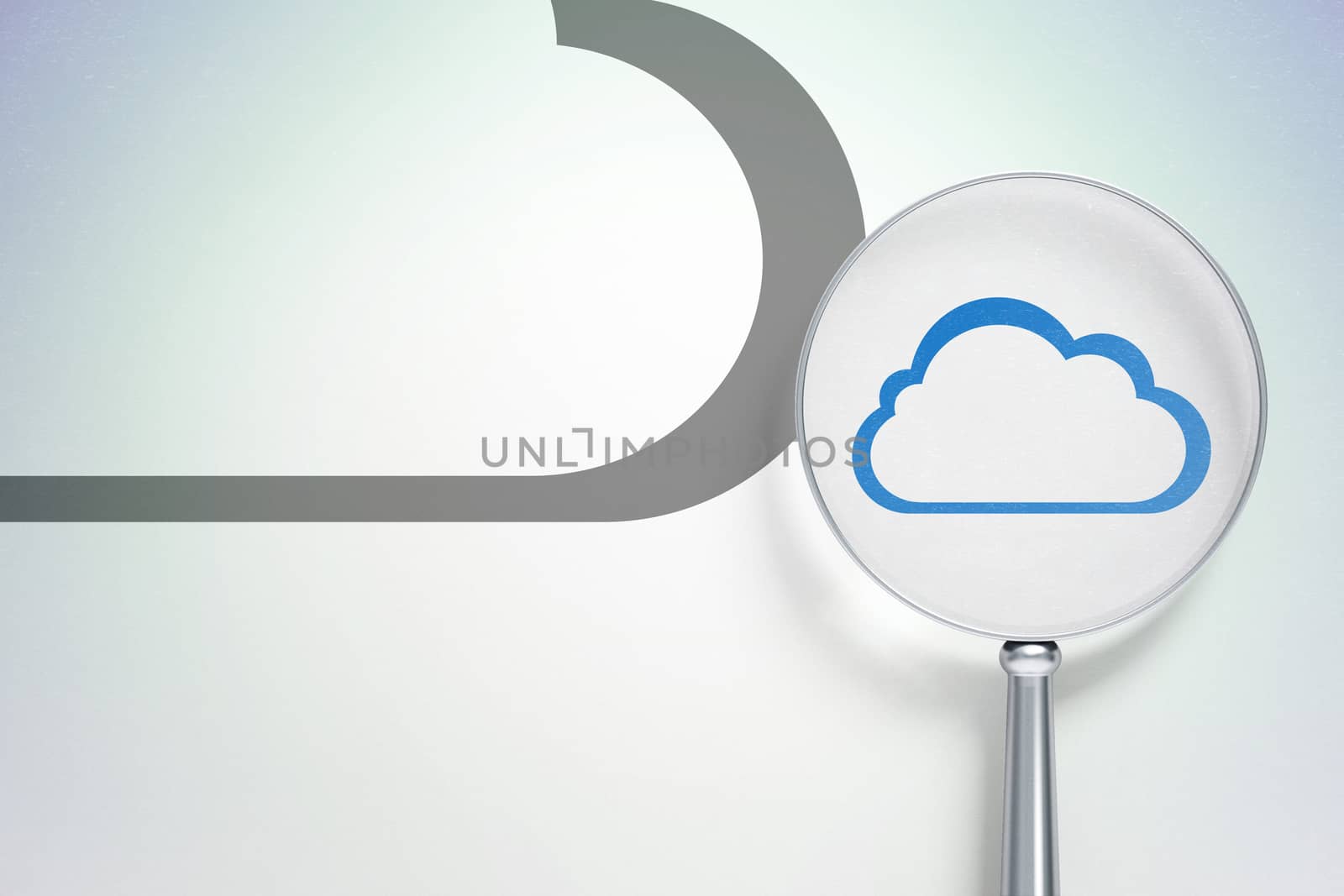 Cloud computing concept: magnifying optical glass with Cloud icon on digital background, empty copyspace for card, text, advertising, 3D rendering