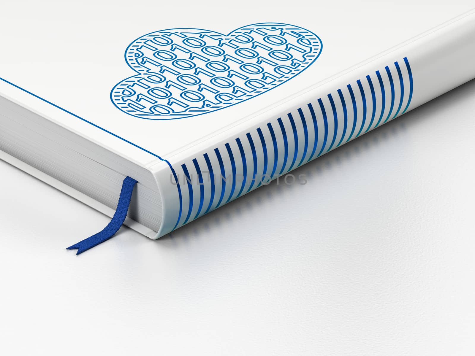 Cloud computing concept: closed book with Blue Cloud With Code icon on floor, white background, 3D rendering