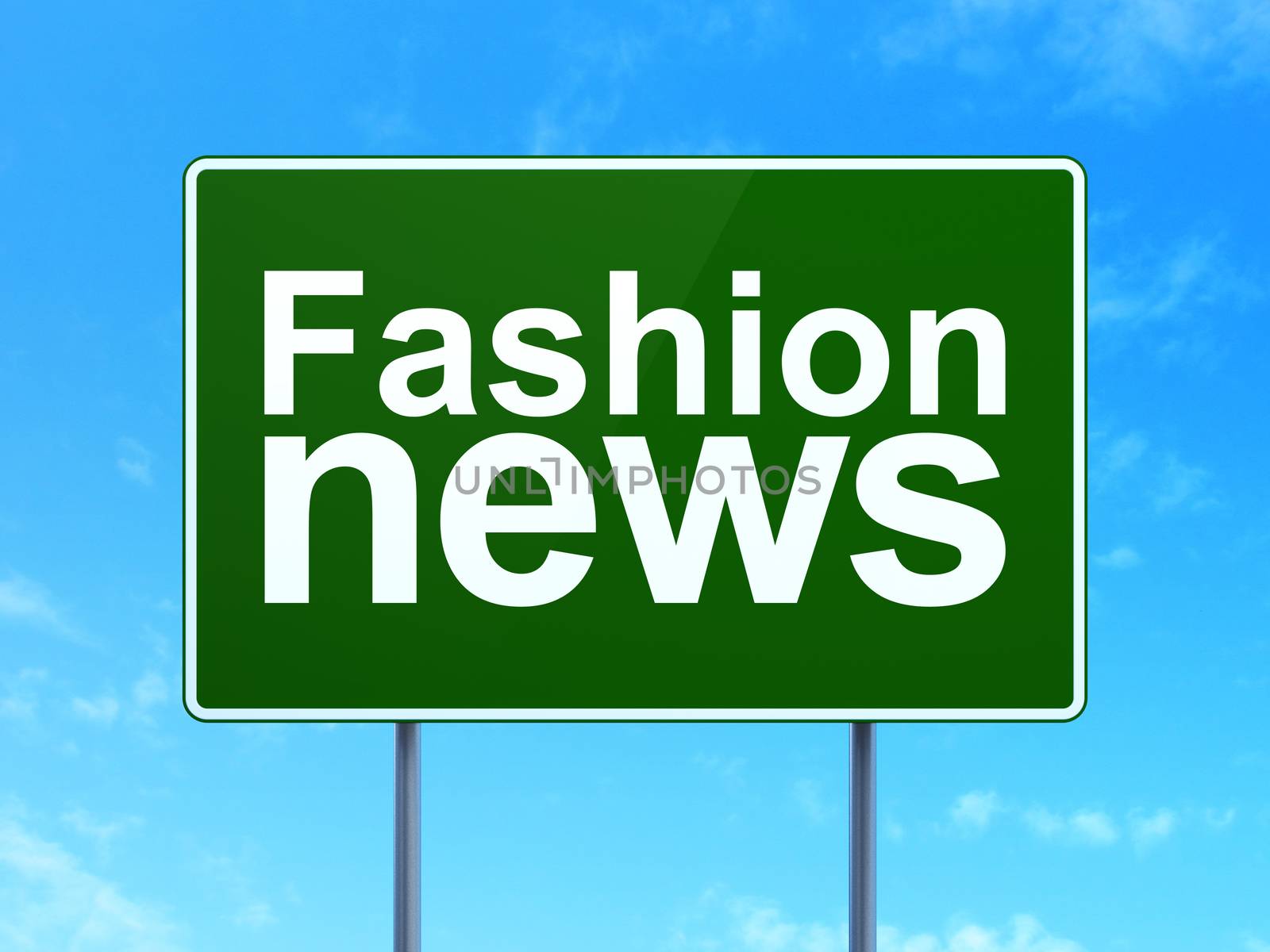 News concept: Fashion News on green road highway sign, clear blue sky background, 3D rendering