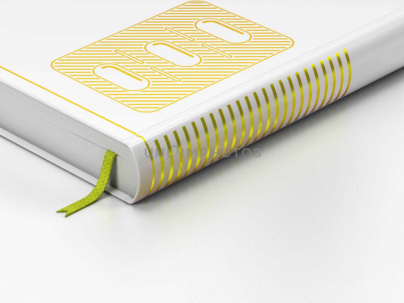 Medicine concept: closed book with Gold Pills Blister icon on floor, white background, 3D rendering