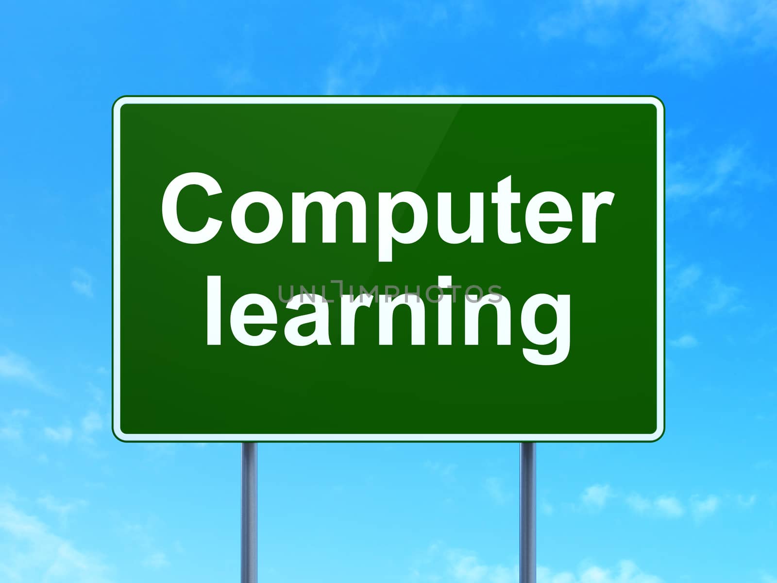 Learning concept: Computer Learning on green road highway sign, clear blue sky background, 3D rendering