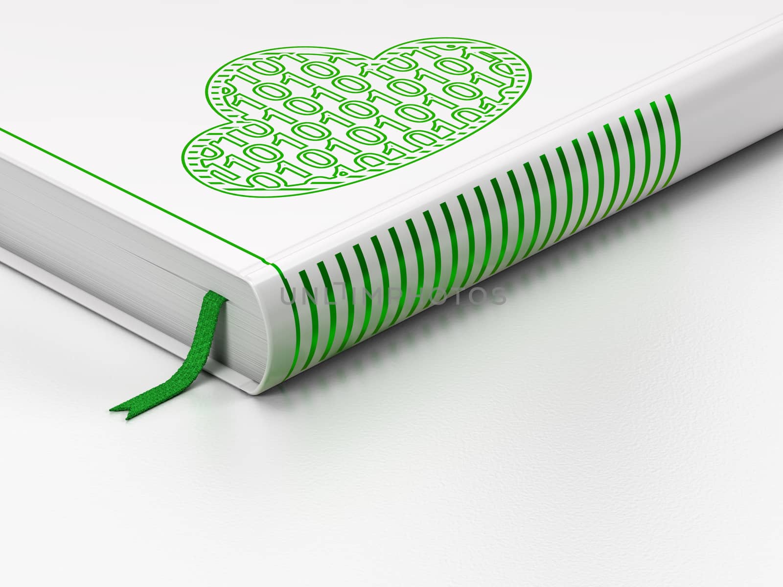 Cloud computing concept: closed book with Green Cloud With Code icon on floor, white background, 3D rendering