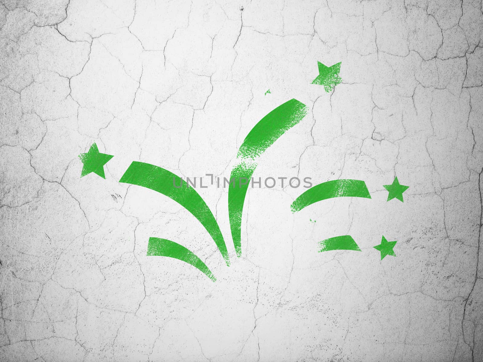 Entertainment, concept: Green Fireworks on textured concrete wall background