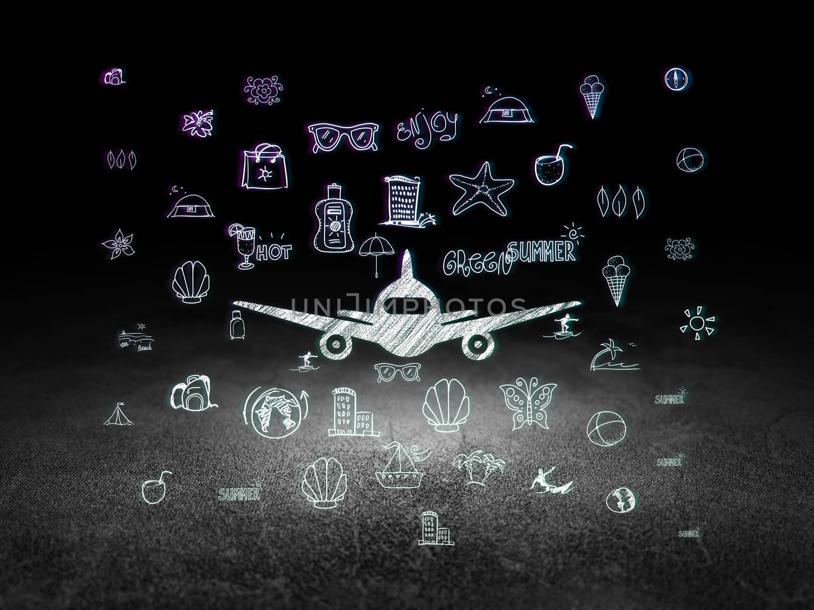 Tourism concept: Glowing Aircraft icon in grunge dark room with Dirty Floor, black background with  Hand Drawn Vacation Icons