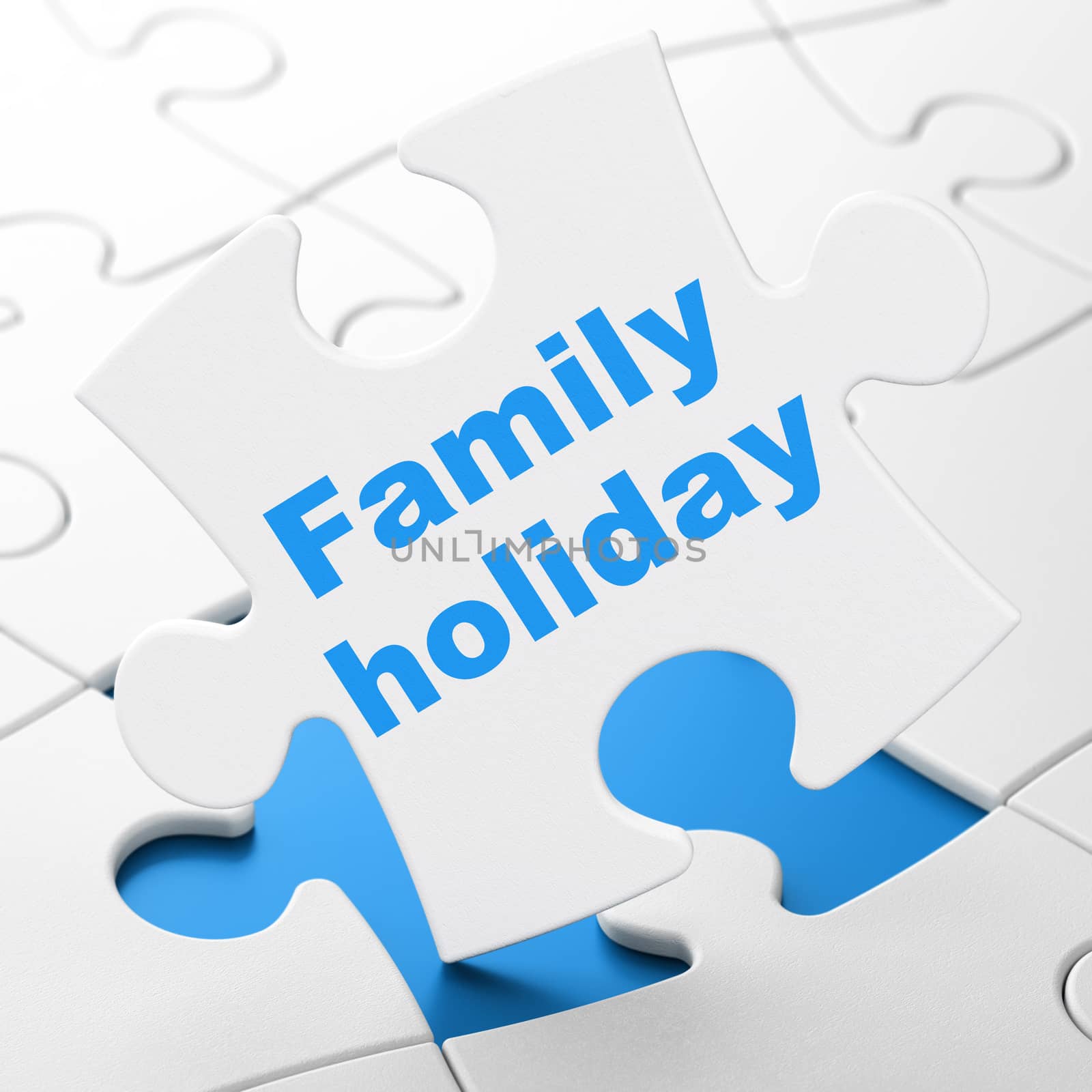 Vacation concept: Family Holiday on White puzzle pieces background, 3D rendering