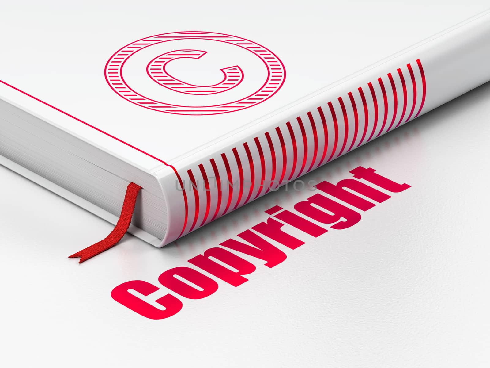Law concept: closed book with Red Copyright icon and text Copyright on floor, white background, 3D rendering