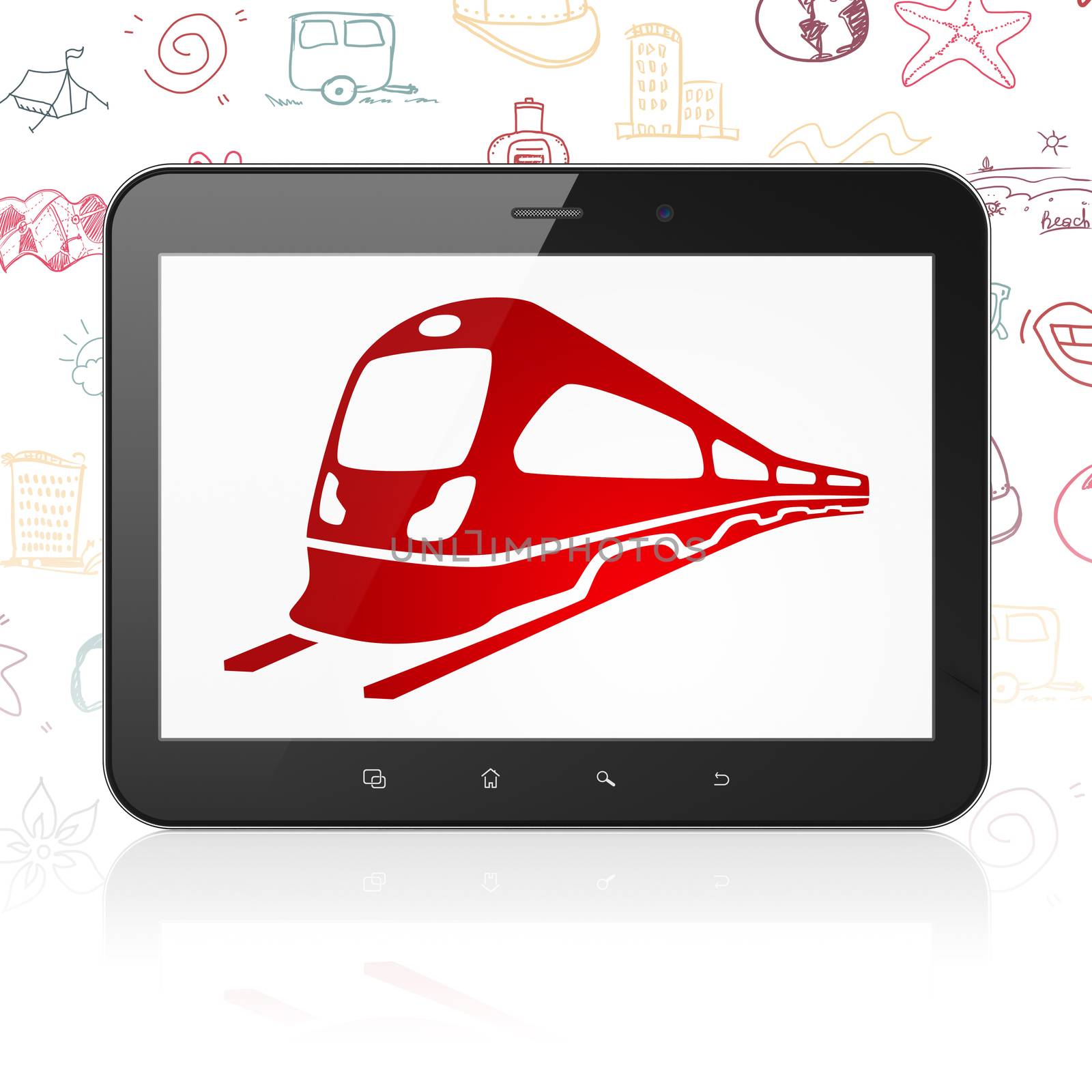 Tourism concept: Tablet Computer with  red Train icon on display,  Hand Drawn Vacation Icons background, 3D rendering