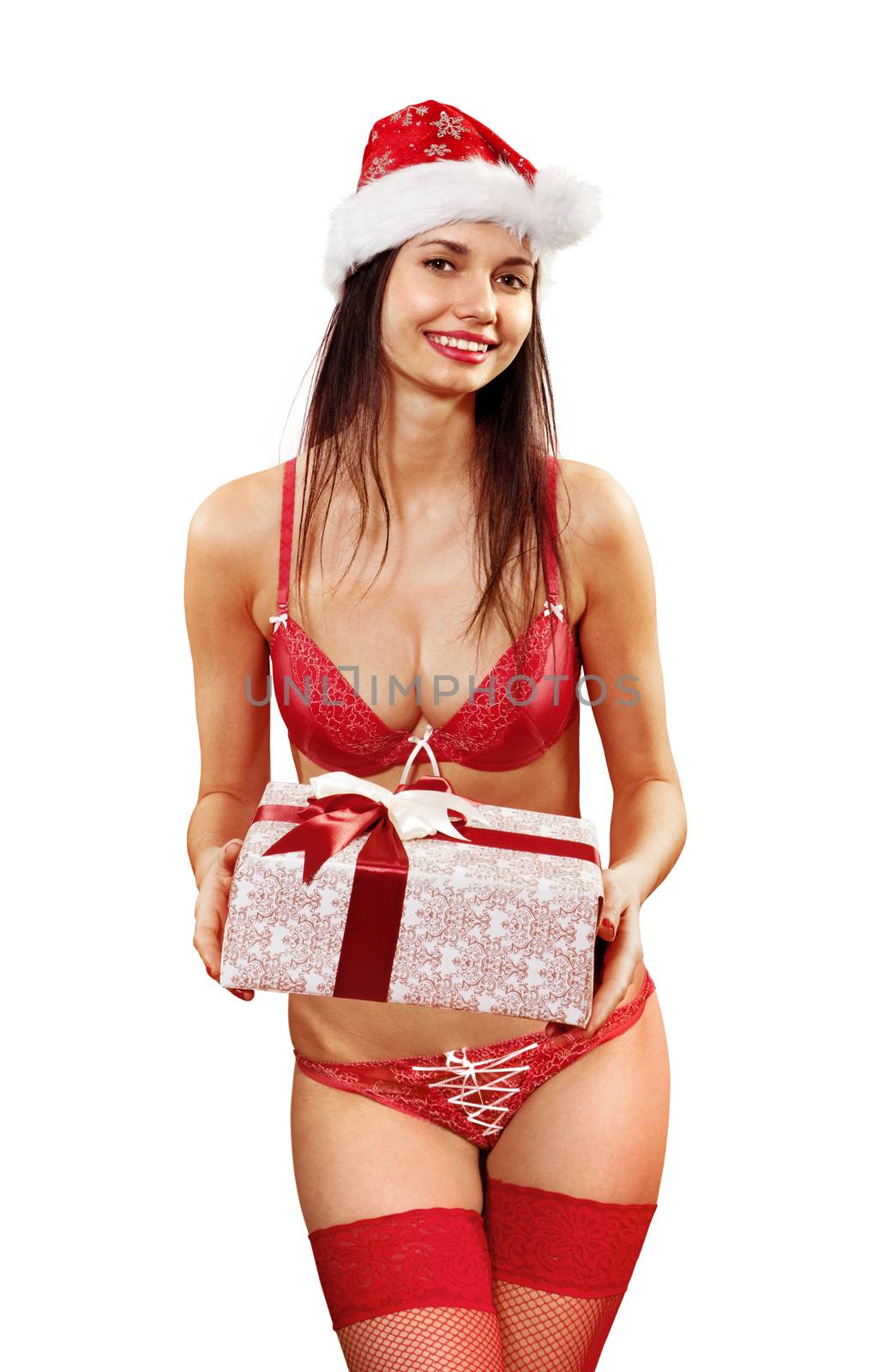 sexy young Santa-girl in red bikini with present isolated on white