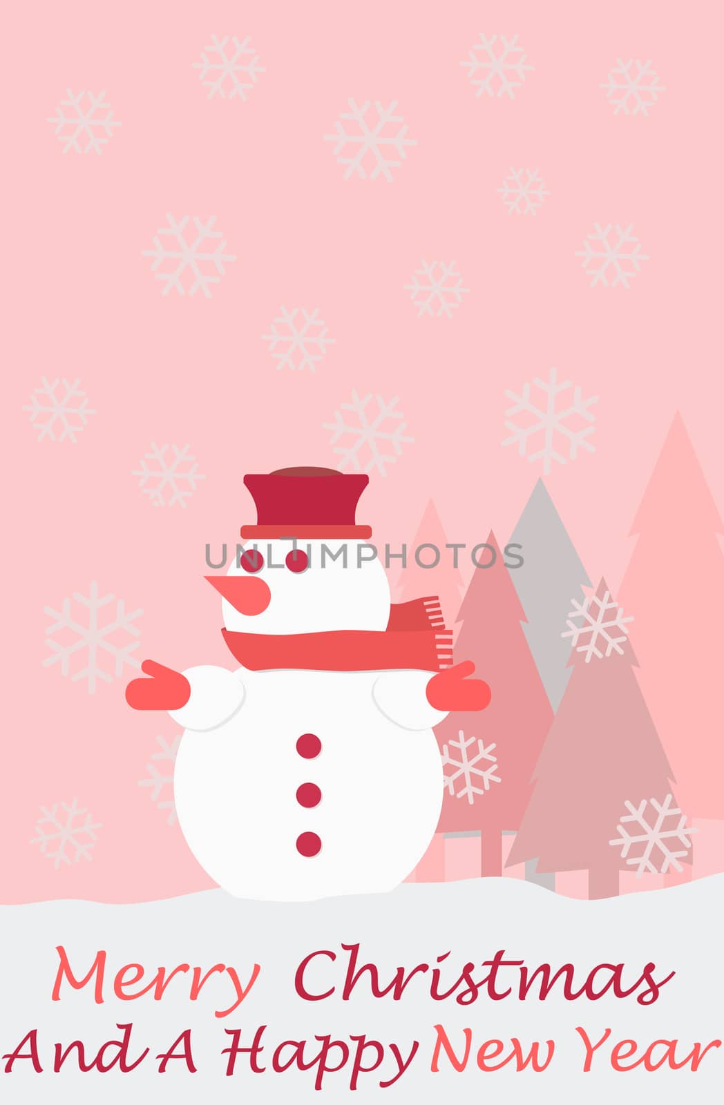 Snowman christmas tree snowflakes and the words Merry Christmas and a happy new year, christmas card
