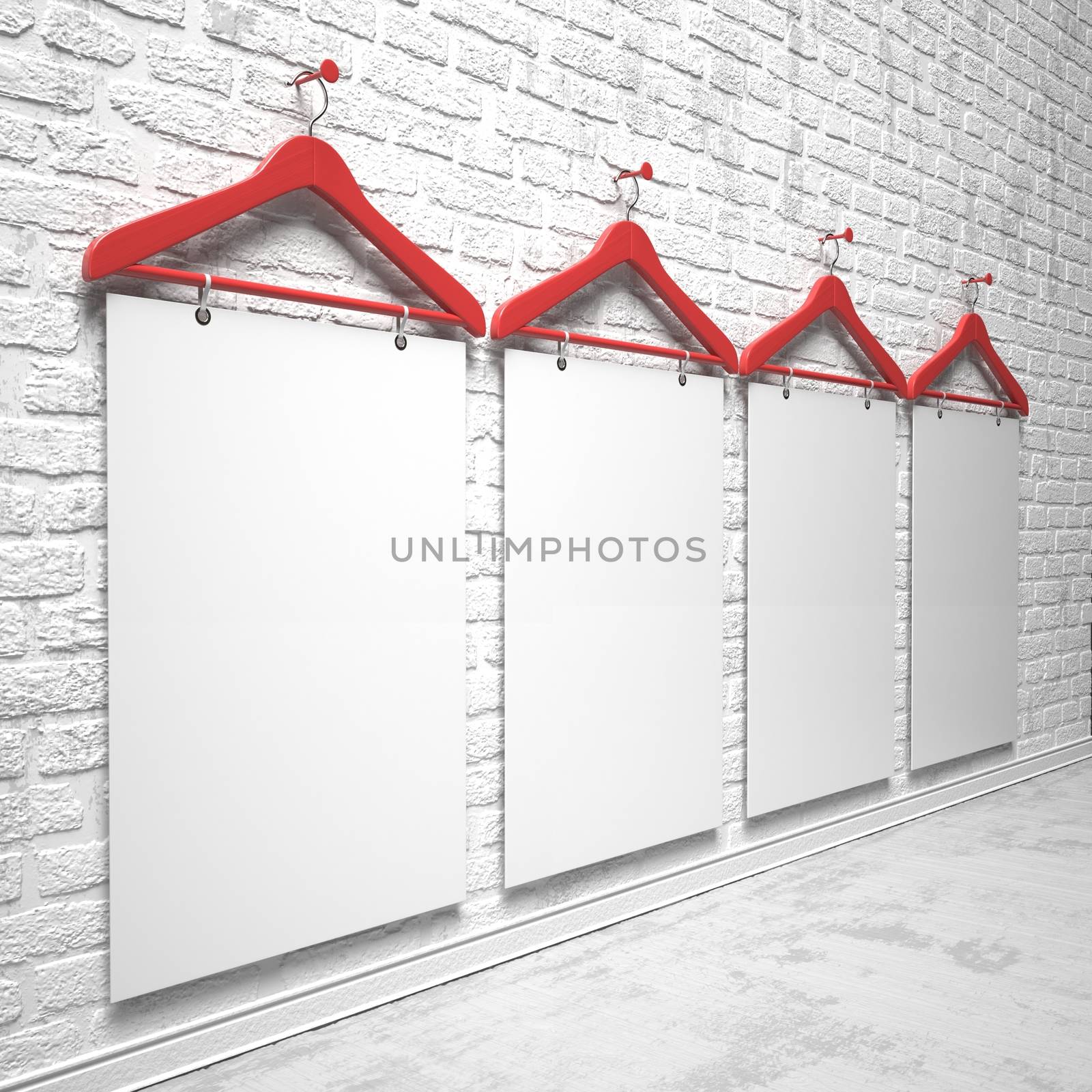 Cloth hangers and four white canvas on the white painted brick wall. 3D rendering illustration