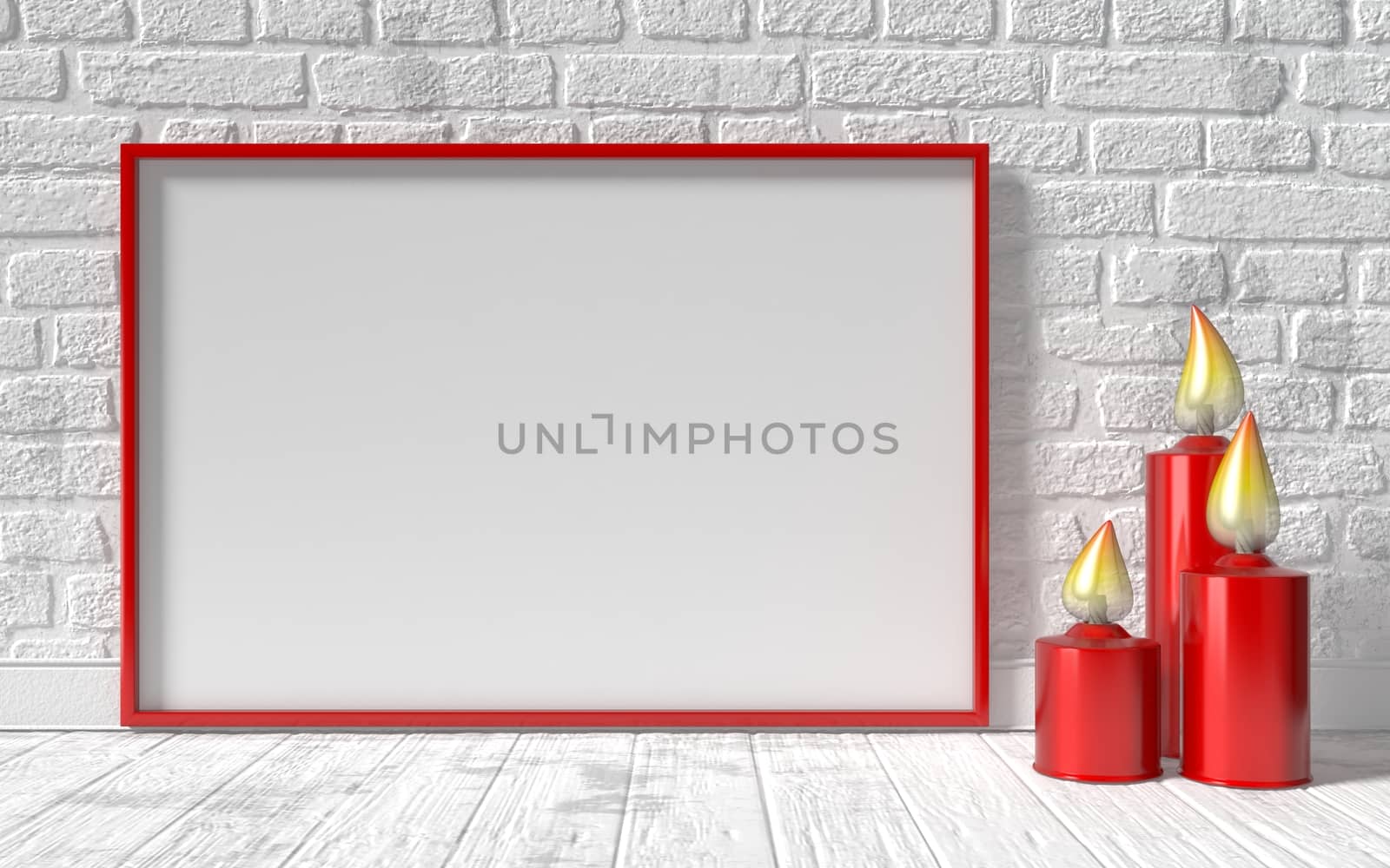 Blank picture frame and red candlestick on white brick wall. Mock up 3D rendering  illustration