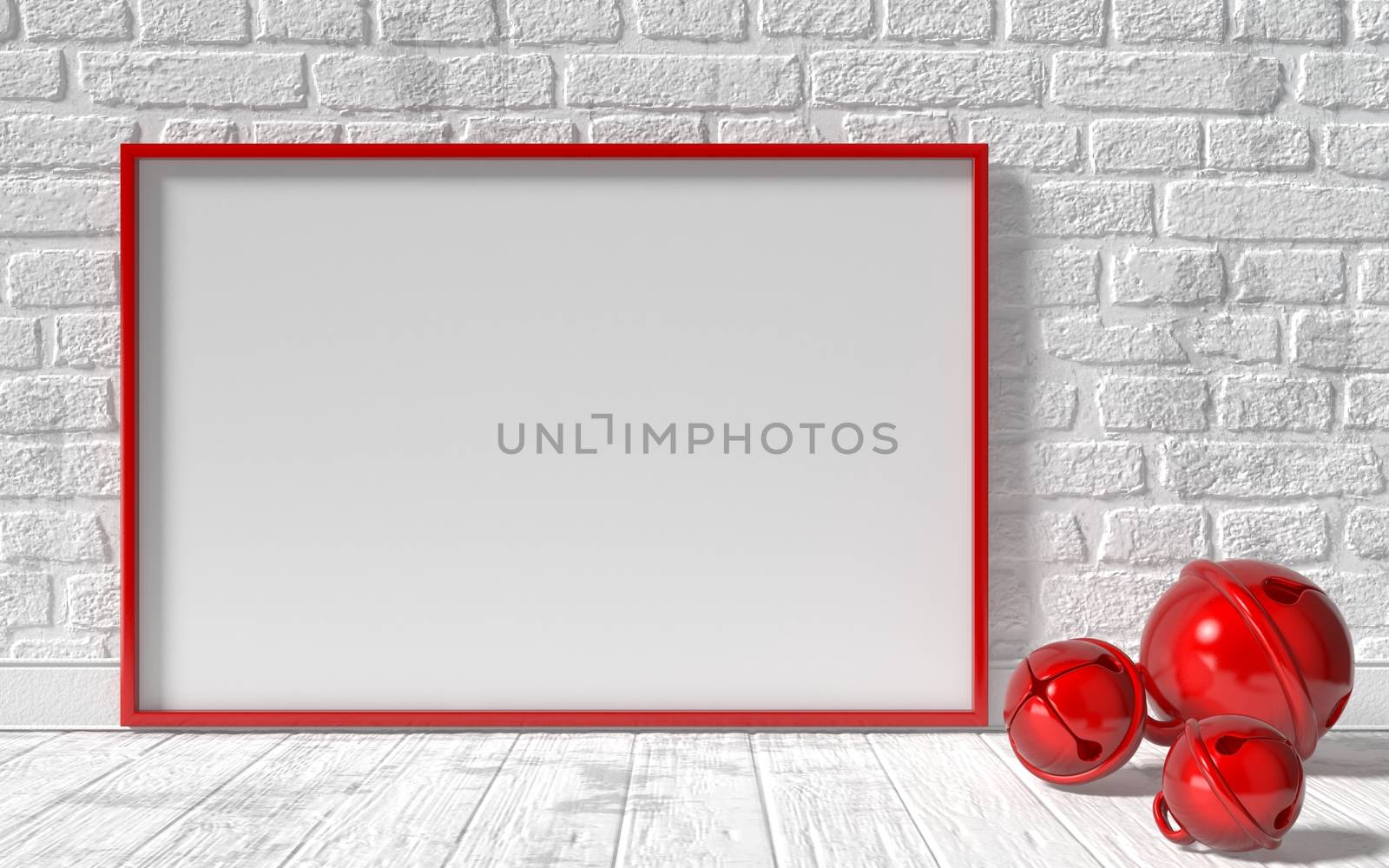 Mock-up red canvas frame, red Christmas sleigh bells and brick wall. 3D rendering illustration