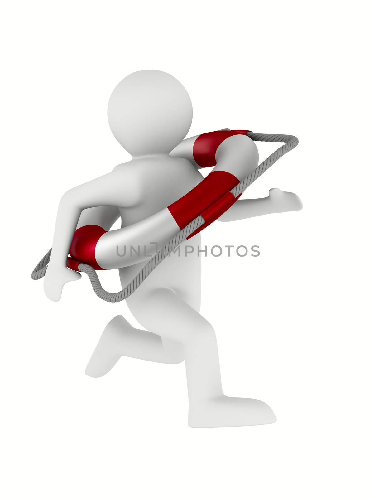 rescuer with lifebuoy ring on white background. Isolated 3D image