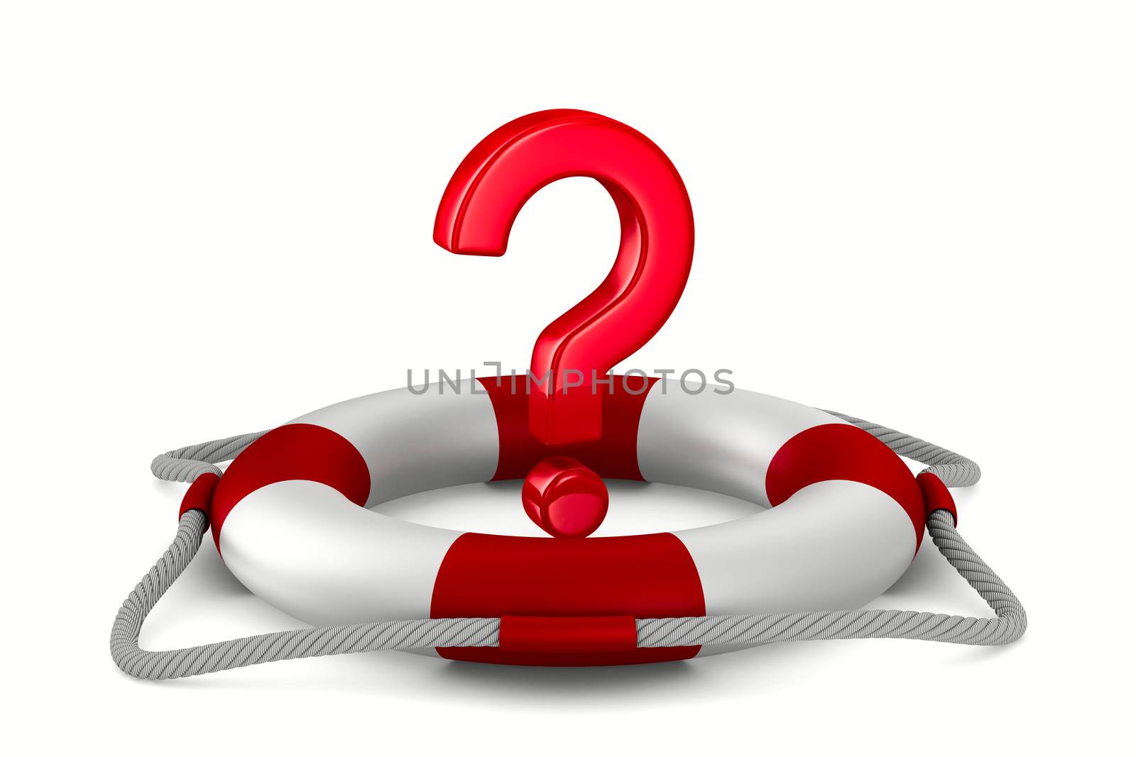 question into lifebuoy on white background. Isolated 3D image