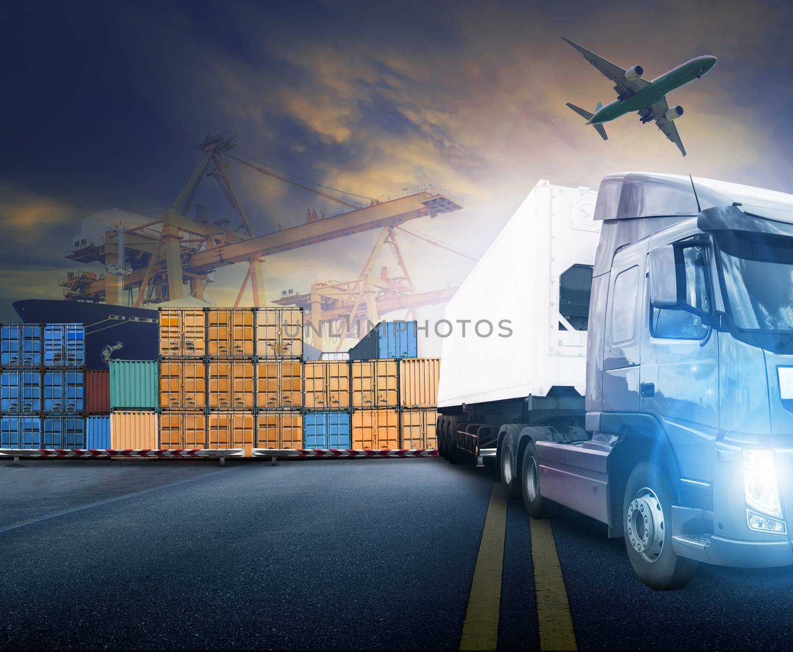working man and container truck ,ship in port and freight cargo plane in transport and import-export commercial logistic ,shipping business industry 