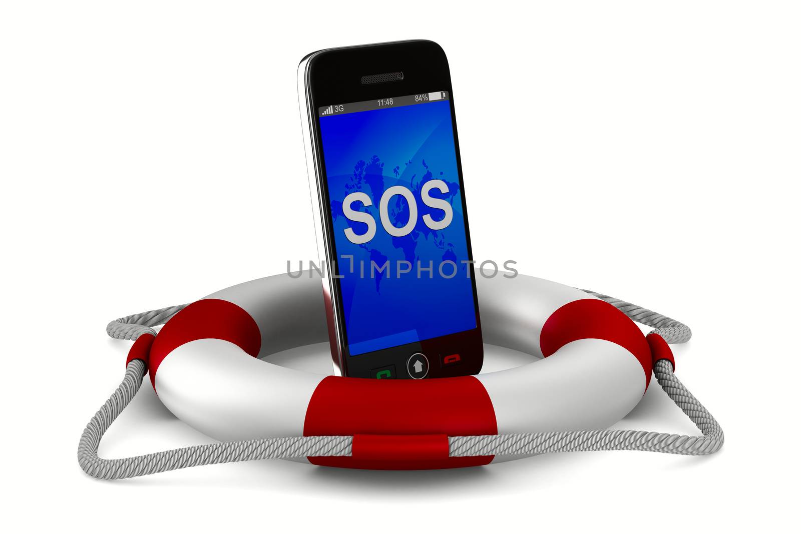 lifebuoy and phone on white background. Isolated 3D image by ISerg