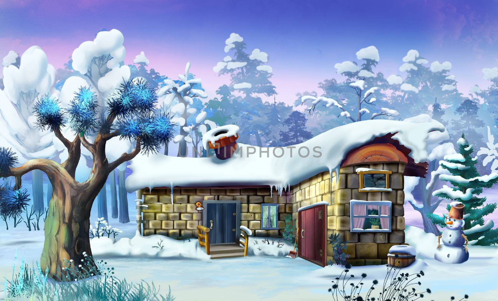 Big Tree Near Old Wooden House in a Winter Forest. Handmade illustration in a classic cartoon style.