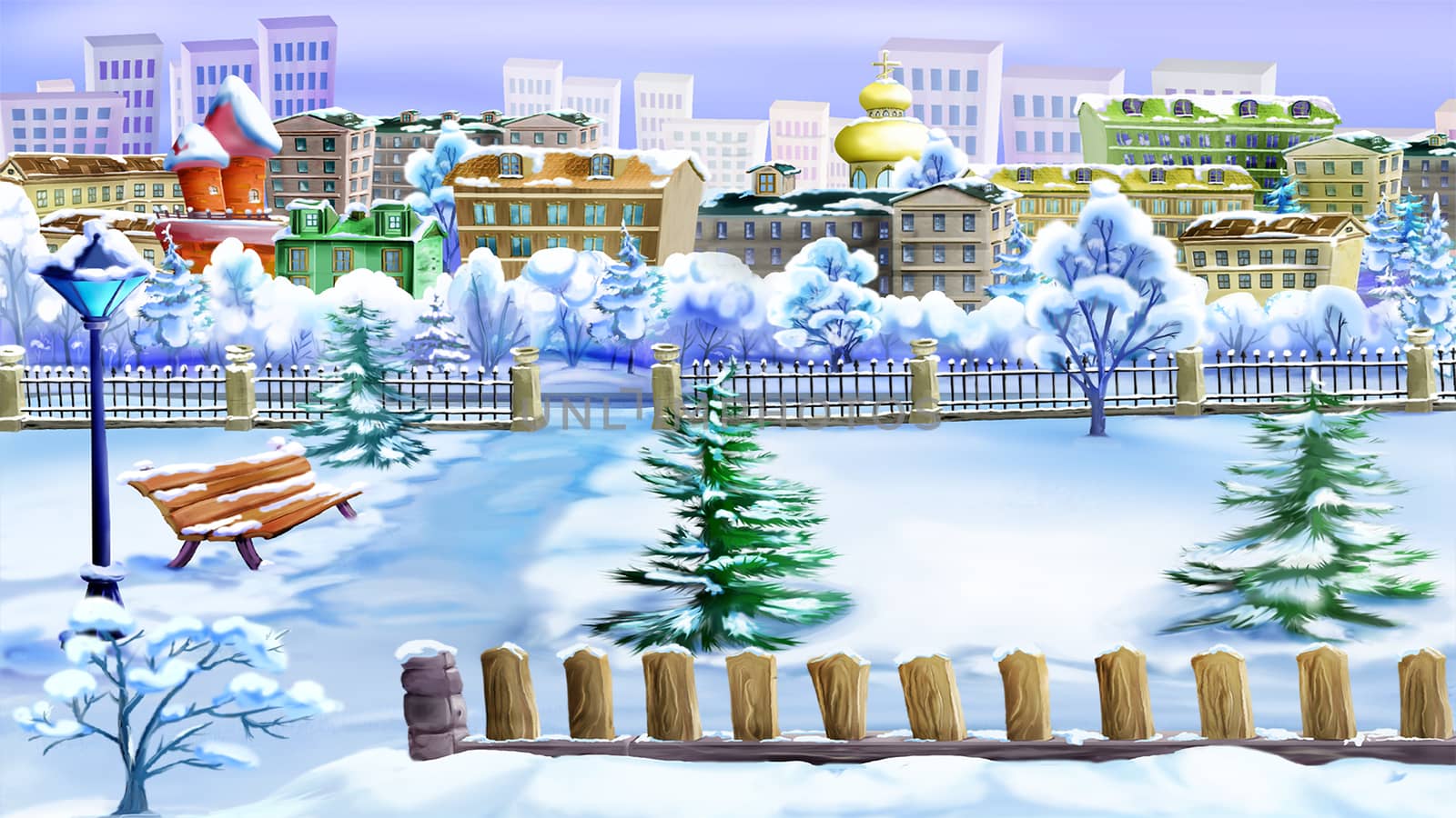 Winter Day in a Park.  Handmade illustration in a classic cartoon style.