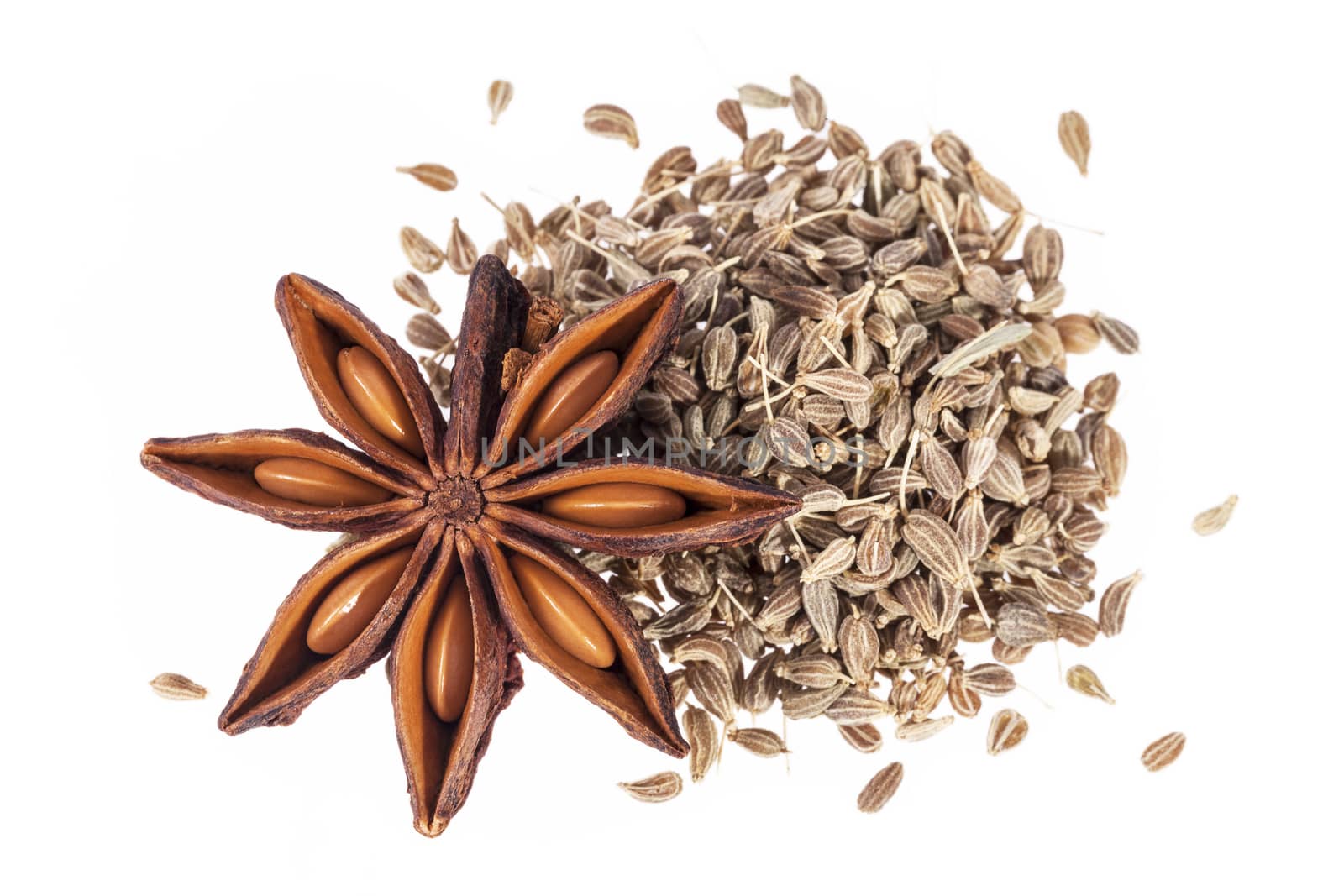 Stars of dried anise (Illicium verum) isolated on white background.